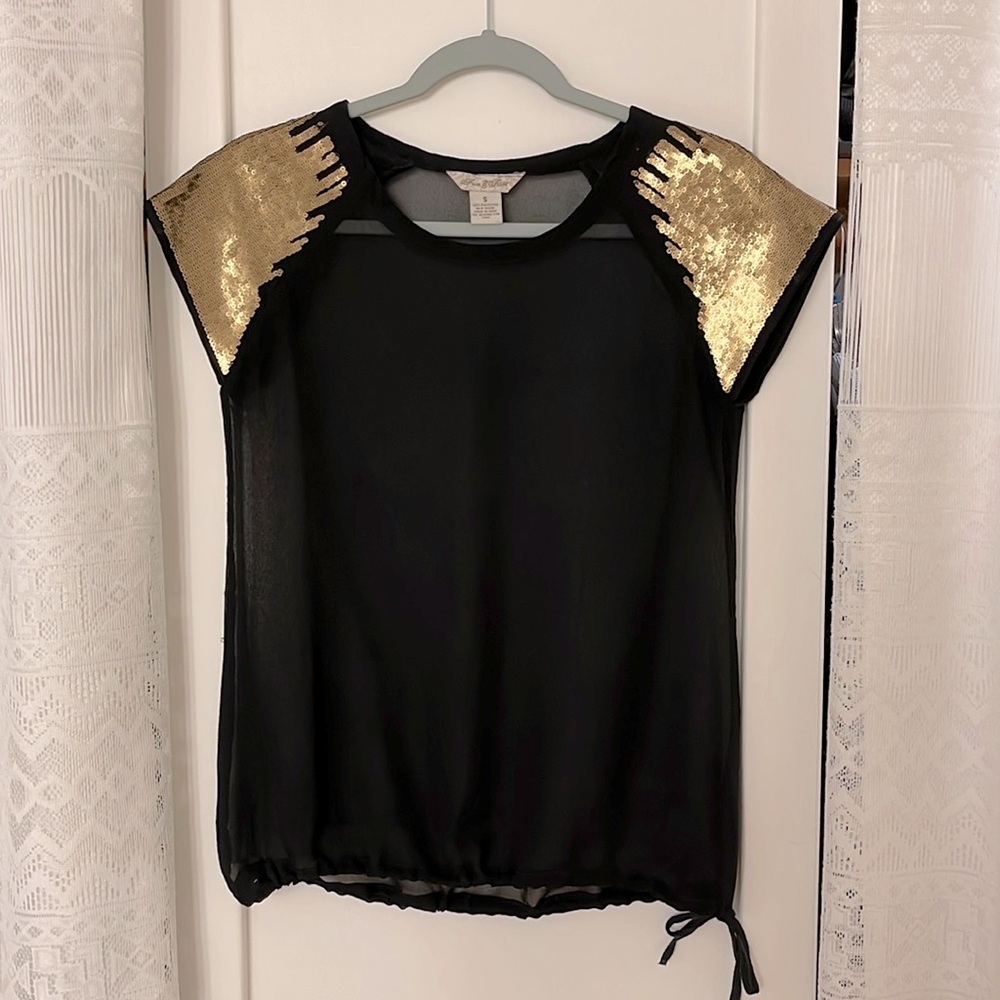 Fun and Flirt Black Sheer Gold Sequence Cap Sleeve